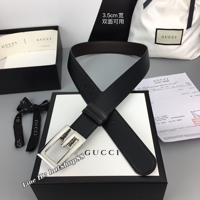 Gucci經典皮帶 古奇雙面小牛皮搭方形旋轉G帶扣腰帶  jjp2448